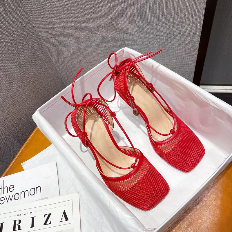 Rome Straps Mesh Yarn Sandals Ultra-high Heels Square Toe Stilettos Heels