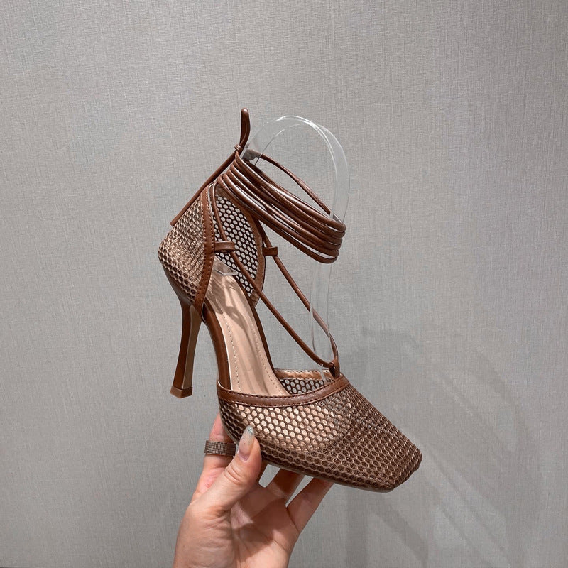 Rome Straps Mesh Yarn Sandals Ultra-high Heels Square Toe Stilettos Heels