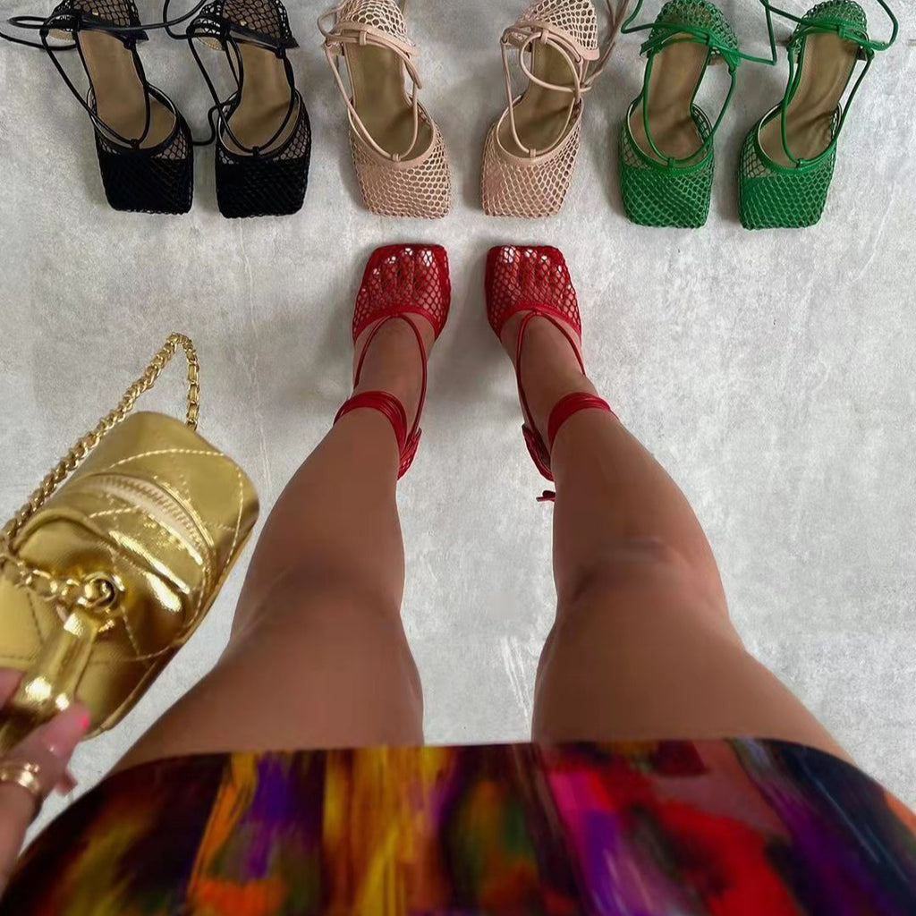 Rome Straps Mesh Yarn Sandals Ultra-high Heels Square Toe Stilettos Heels