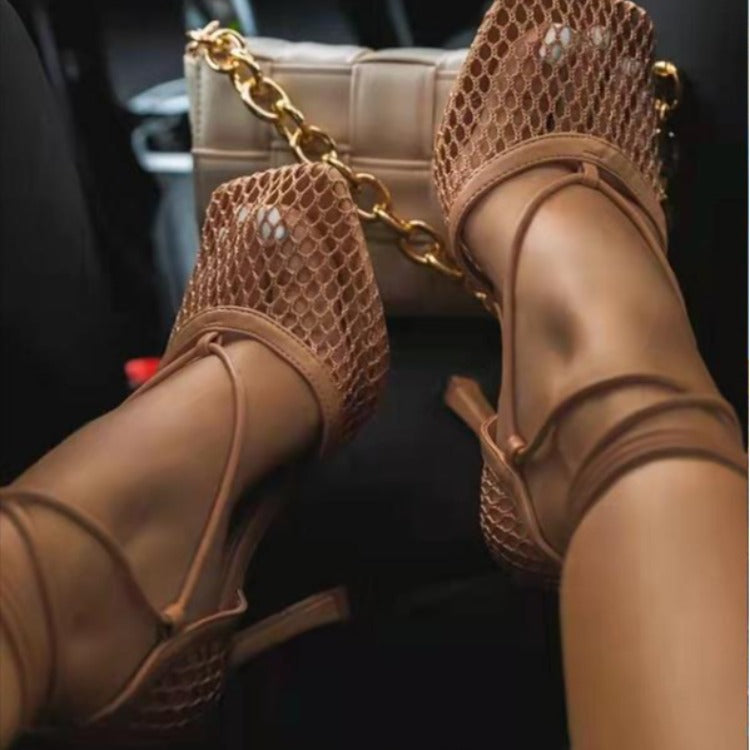 Rome Straps Mesh Yarn Sandals Ultra-high Heels Square Toe Stilettos Heels